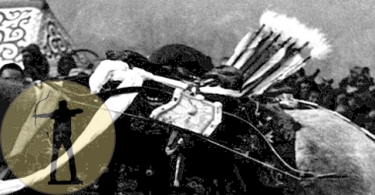 Tibetischer Bogen nebst Bogentasche / Bogenköcher an einem Pferd, Detail einer Aufnahme während des Neujahrsfestes 1938/1939 in Lhasa (Deutsche Tibetexpedition 1938/1939), Bundesarchiv der Bundesrepublik Deutschland, Bild-Nr. 135 – S - 14 – 29 / Photograph: Ernst Schäfer; mit freundlicher Genehmigung des Bundesarchives 